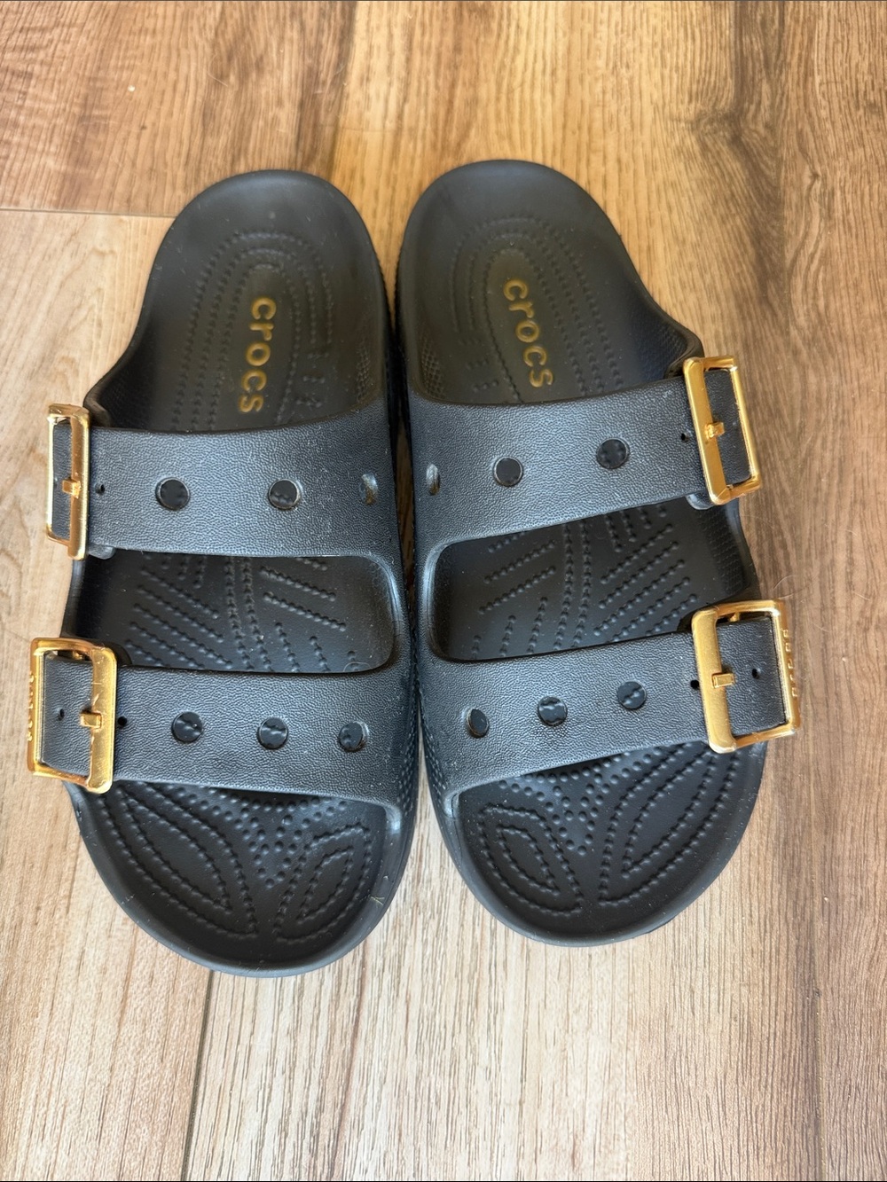 CROCS Black Slides with Gold Buckles - Picture 4 of 4